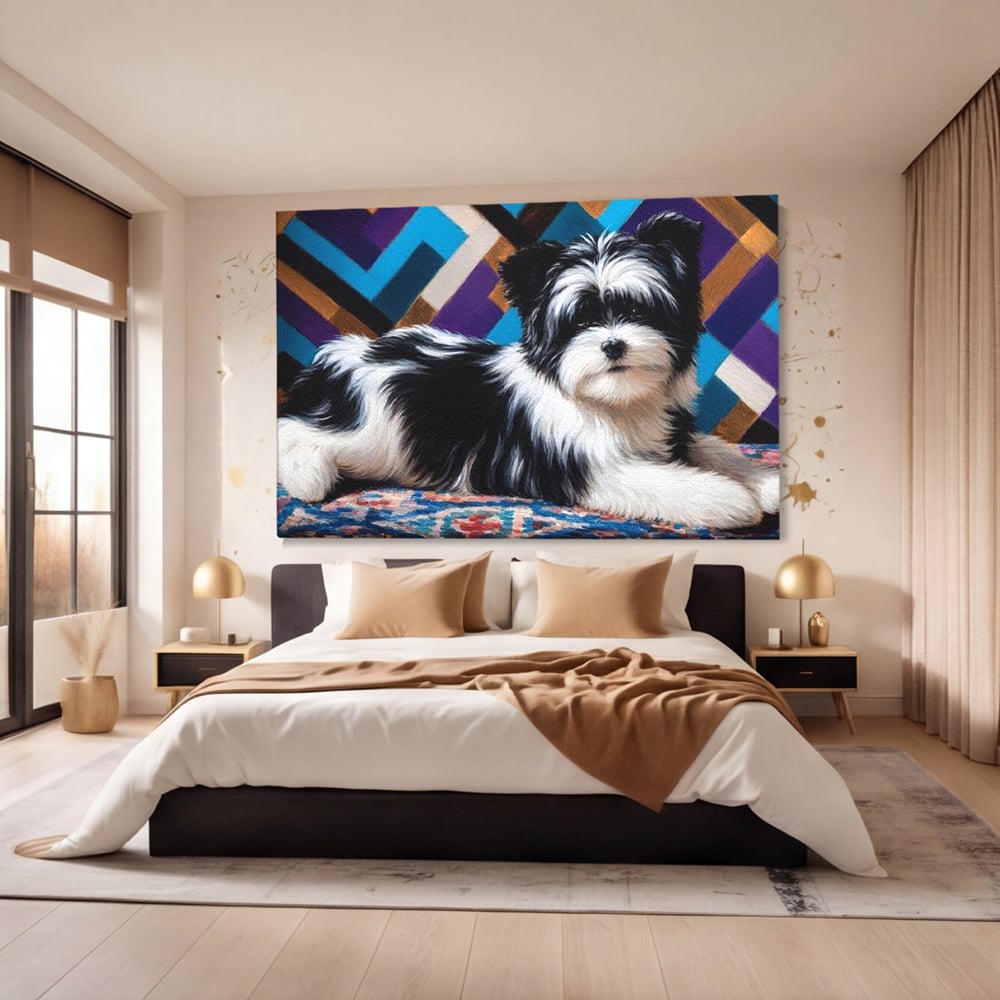 Tablou canvas cu tablou canvas cu catel pufos alb-negru, fara rama, pe sasiu de lemn, pe perete intr-un dormitor